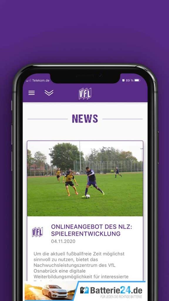 Batterie24.de sponsoring banner on the mobile website of VFL Osnabrück